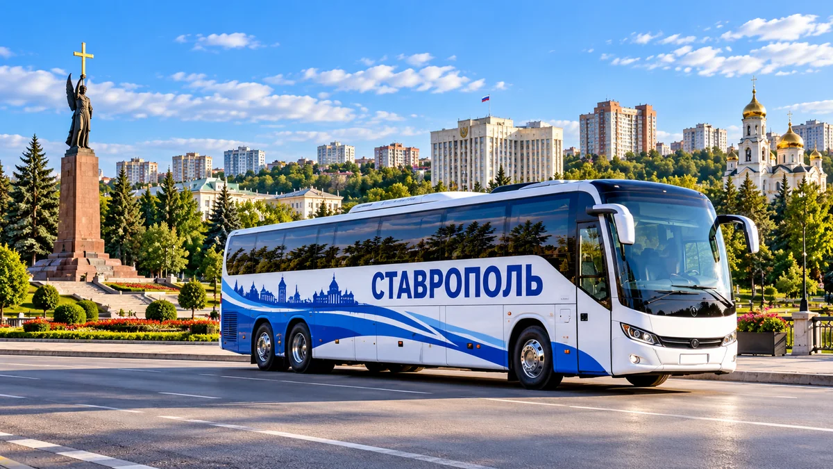 Брендированный автобус Ставрополь на фоне города